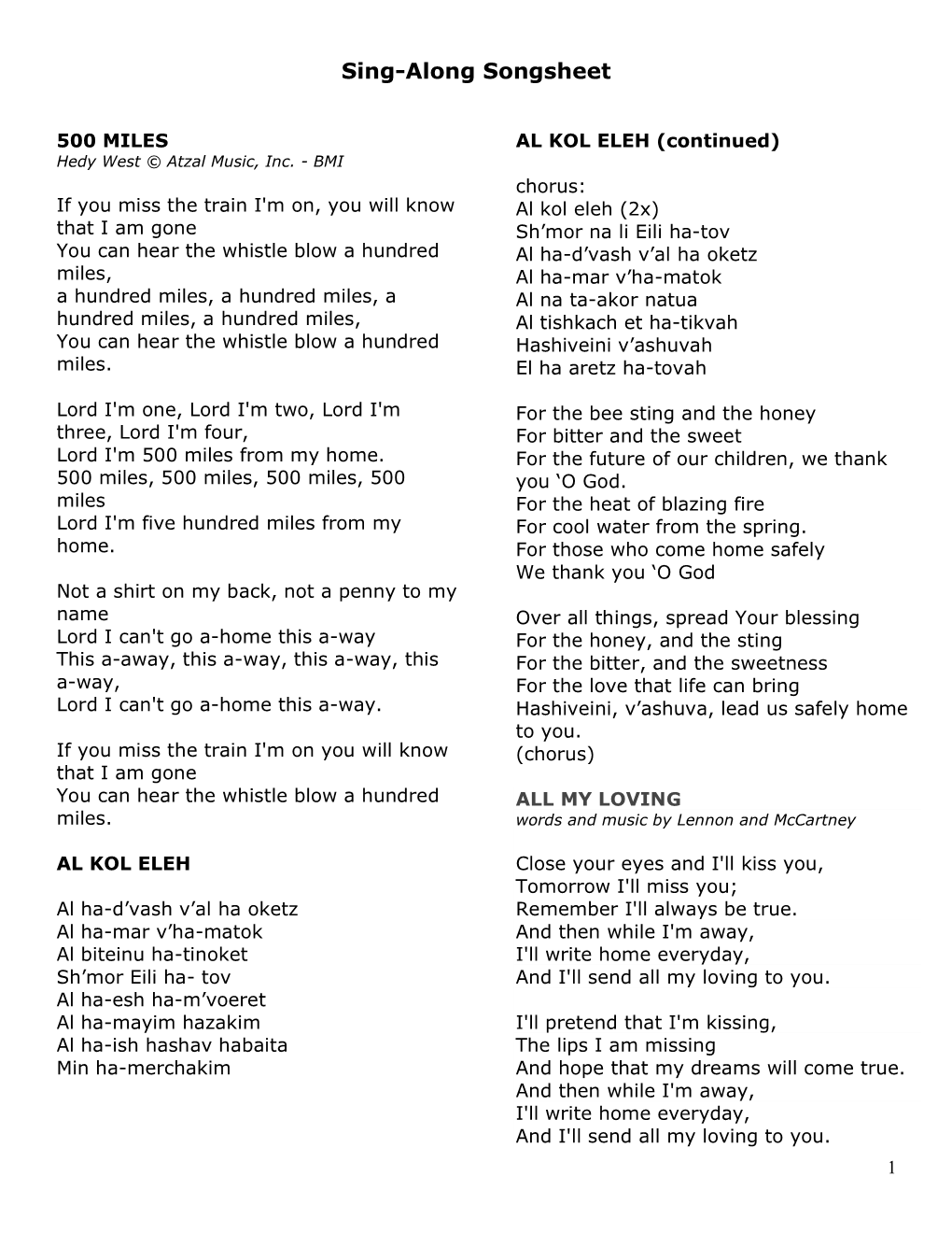 Sing-Along Songsheet