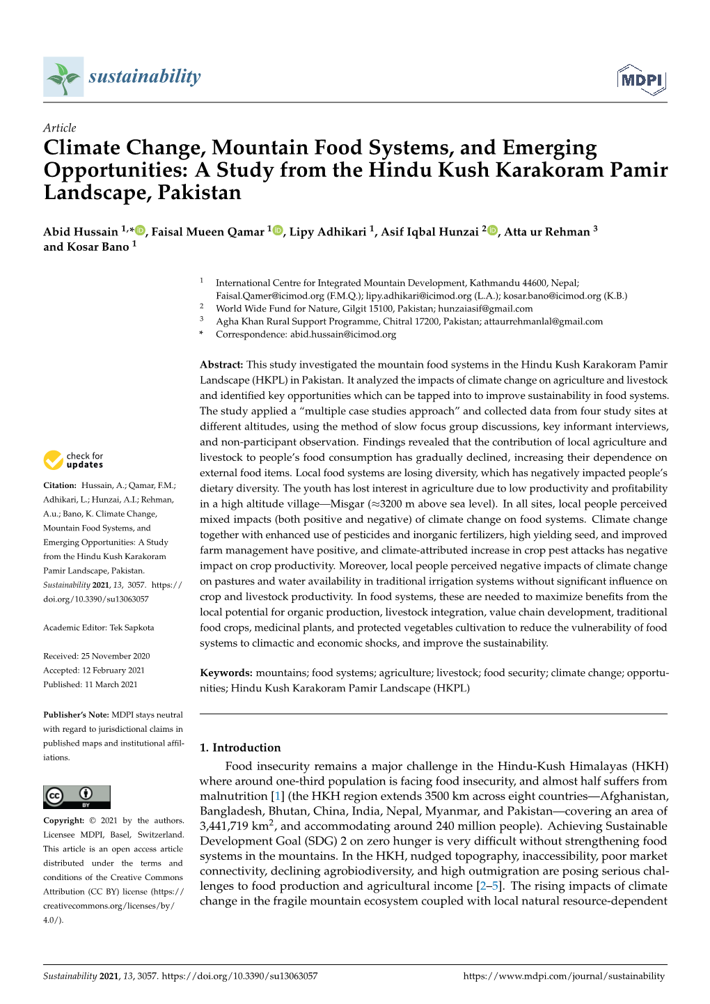 Climate Change, Mountain Food Systems, and Emerging Opportunities: a Study from the Hindu Kush Karakoram Pamir Landscape, Pakistan