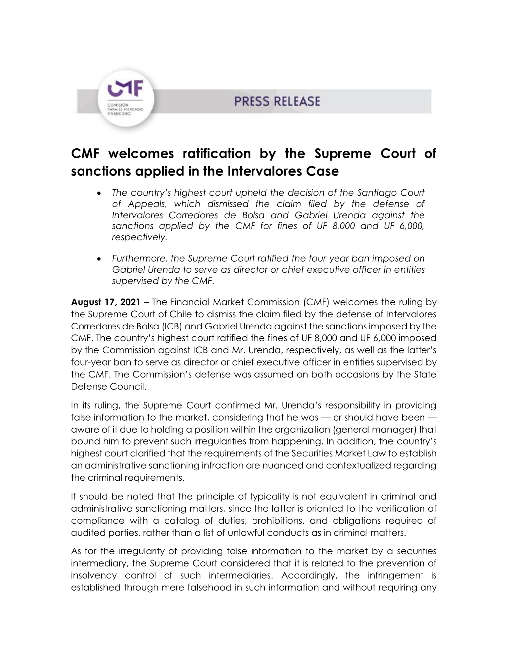 CMF Welcomes Ratification by the Supreme Court of Sanctions Applied in the Intervalores Case