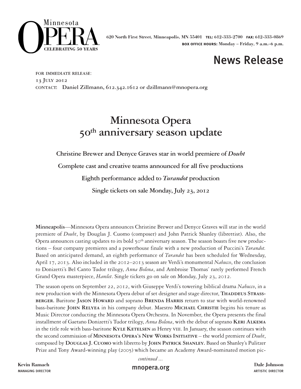News Release Minnesota Opera 50Th Anniversary Season Update