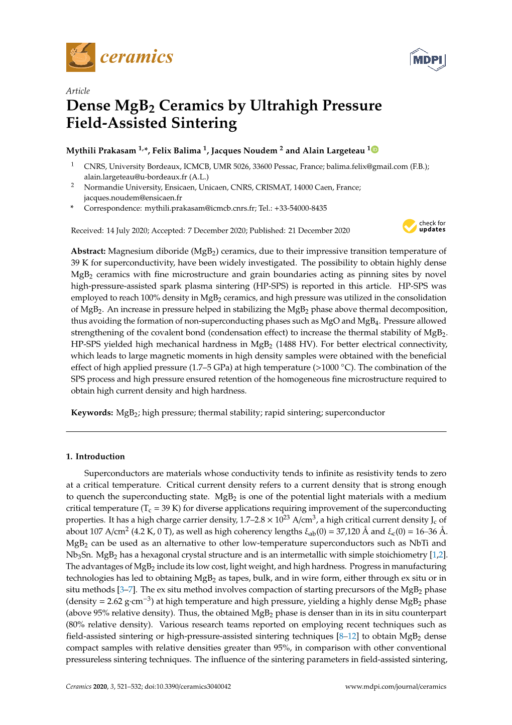 Dense Mgb2 Ceramics by Ultrahigh Pressure Field-Assisted Sintering