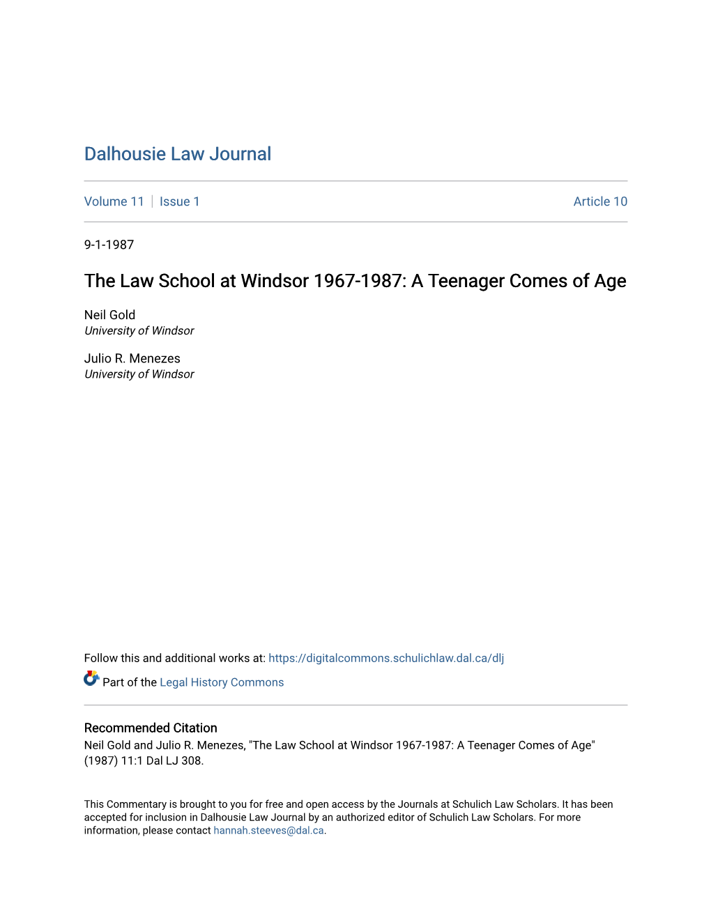 The Law School at Windsor 1967-1987: a Teenager Comes of Age