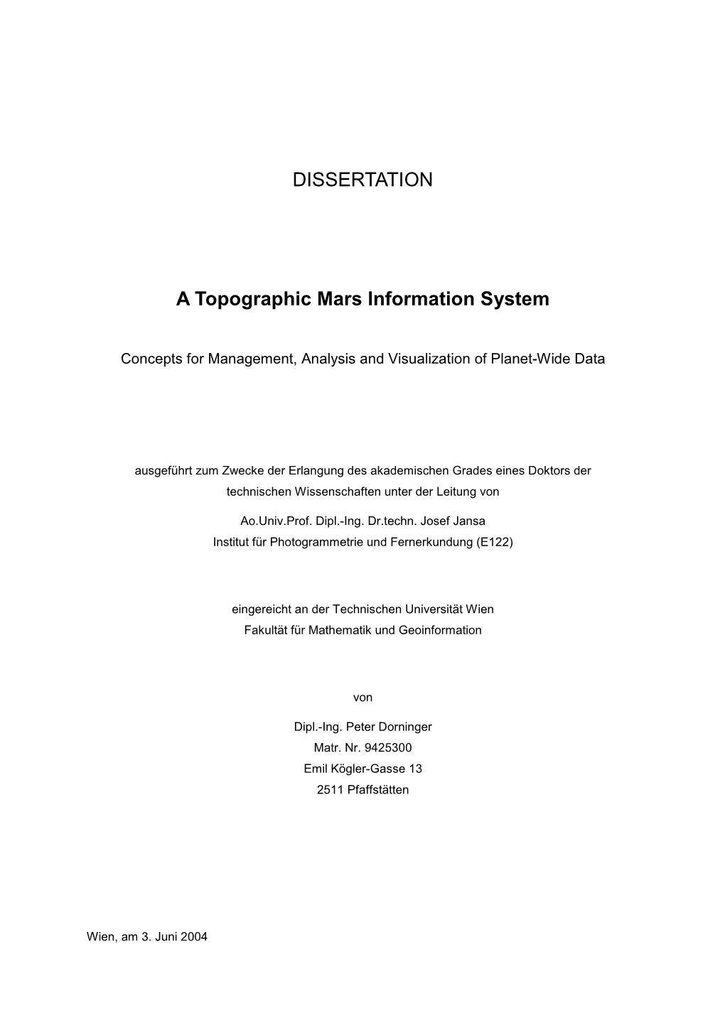 DISSERTATION a Topographic Mars Information System
