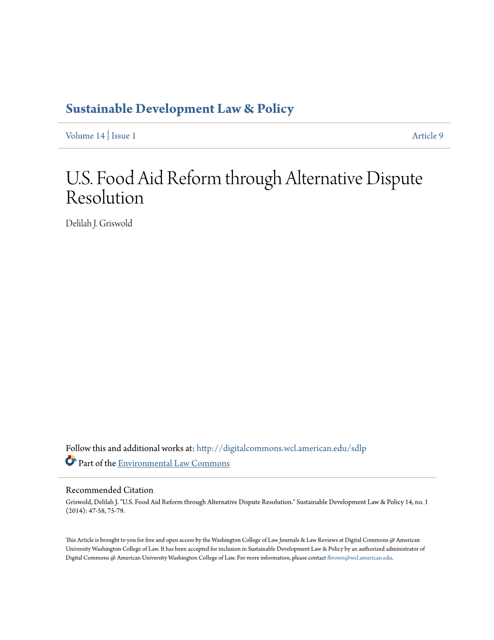 U.S. Food Aid Reform Through Alternative Dispute Resolution Delilah J