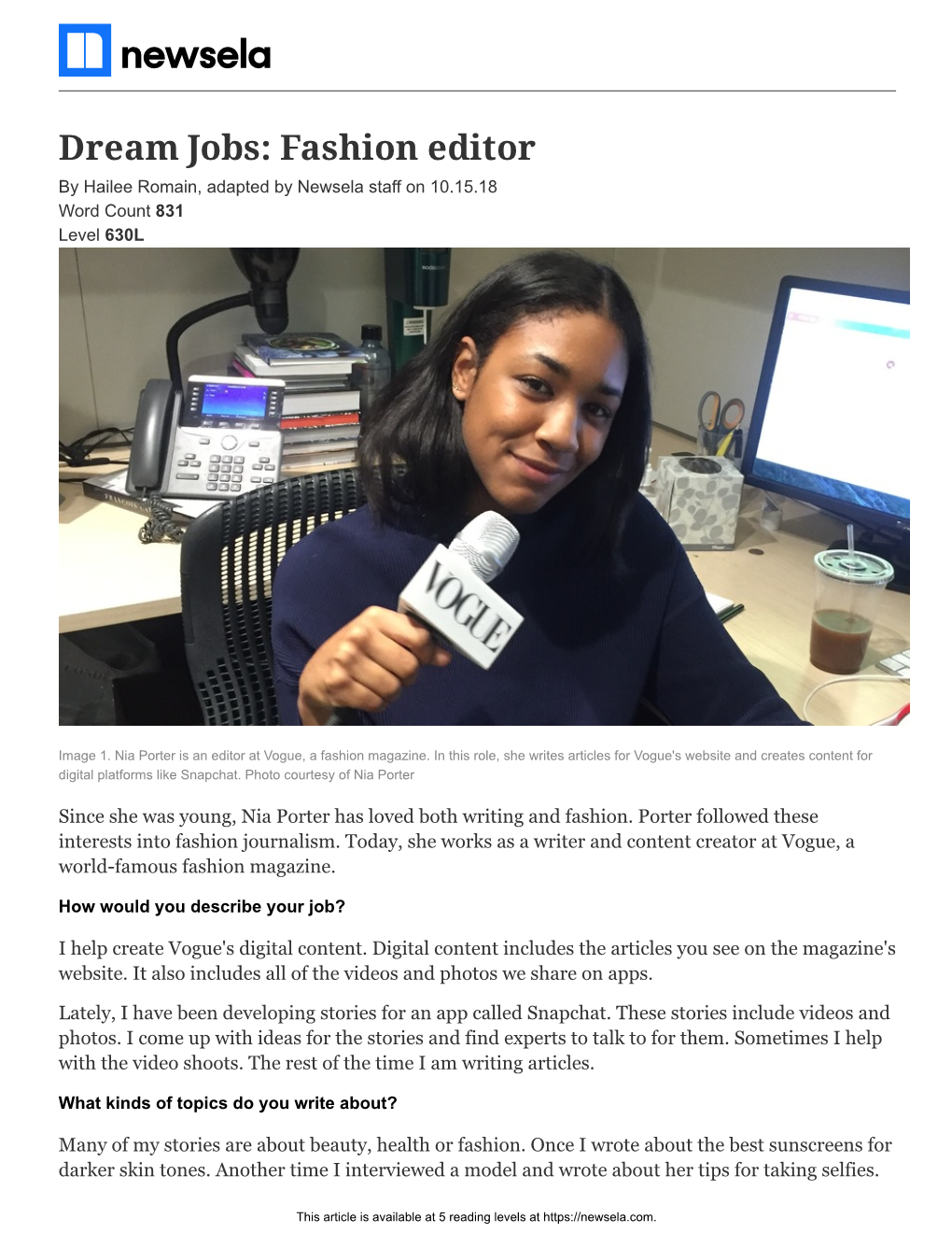 Dream Jobs: Fashion Editor by Hailee Romain, Adapted by Newsela Staff on 10.15.18 Word Count 831 Level 630L