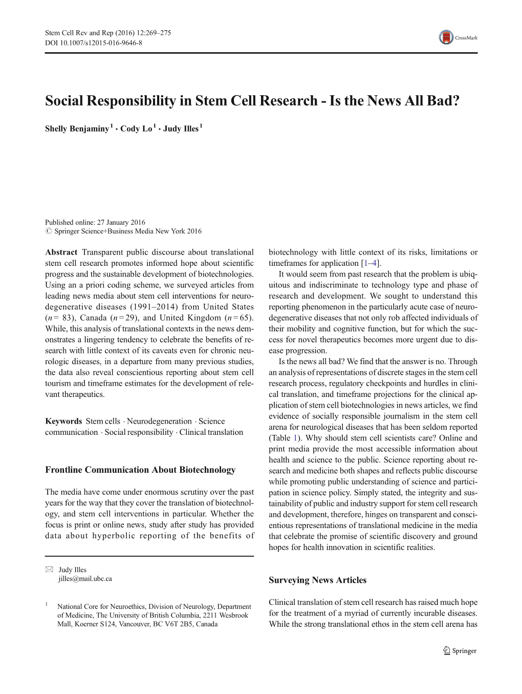 Social Responsibility in Stem Cell Research - Is the News All Bad?