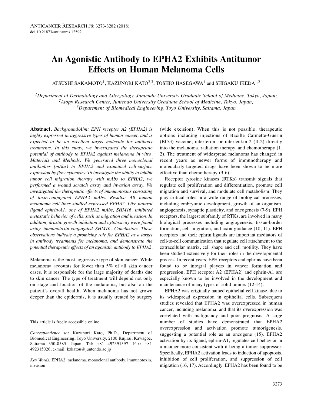 An Agonistic Antibody to EPHA2 Exhibits Antitumor Effects On