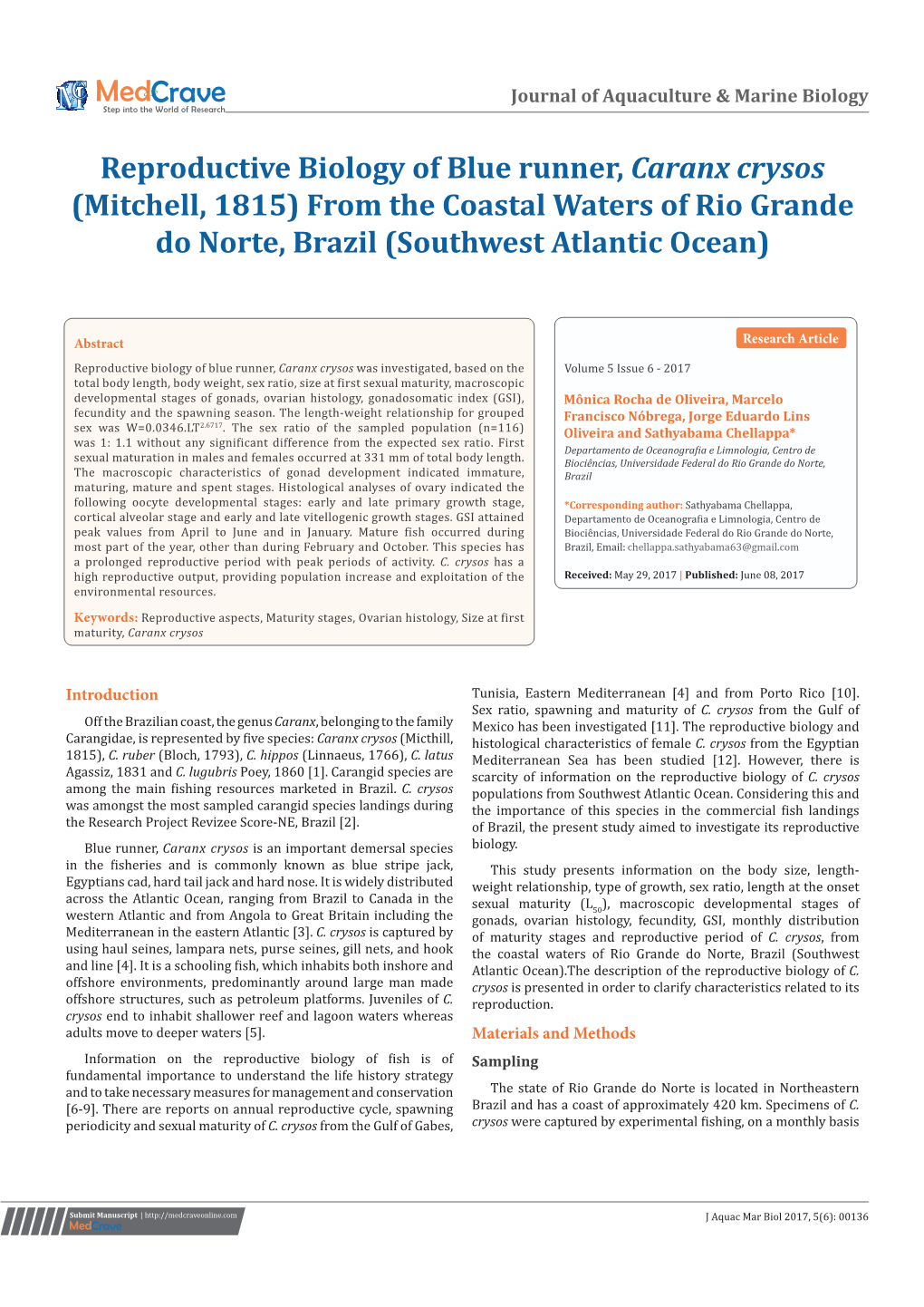 Reproductive Biology of Blue Runner, Caranxcrysos