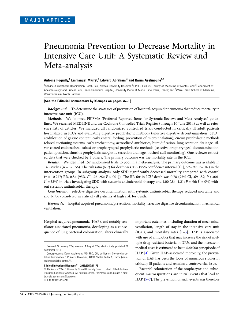 Pneumonia Prevention to Decrease Mortality in Intensive Care Unit: a Systematic Review and Meta-Analysis