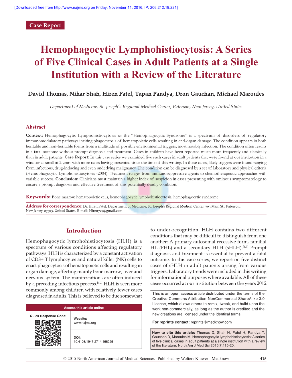 Hemophagocytic Lymphohistiocytosis: a Series of Five Clinical Cases in Adult Patients at a Single Institution with a Review of the Literature
