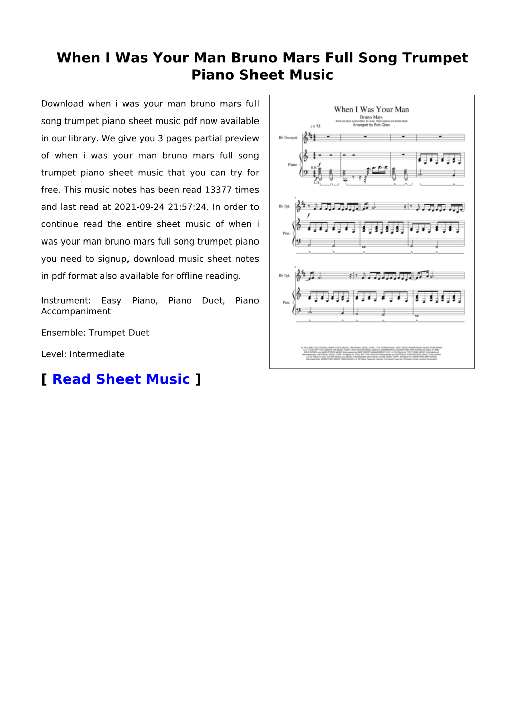 When I Was Your Man Bruno Mars Full Song Trumpet Piano Sheet Music