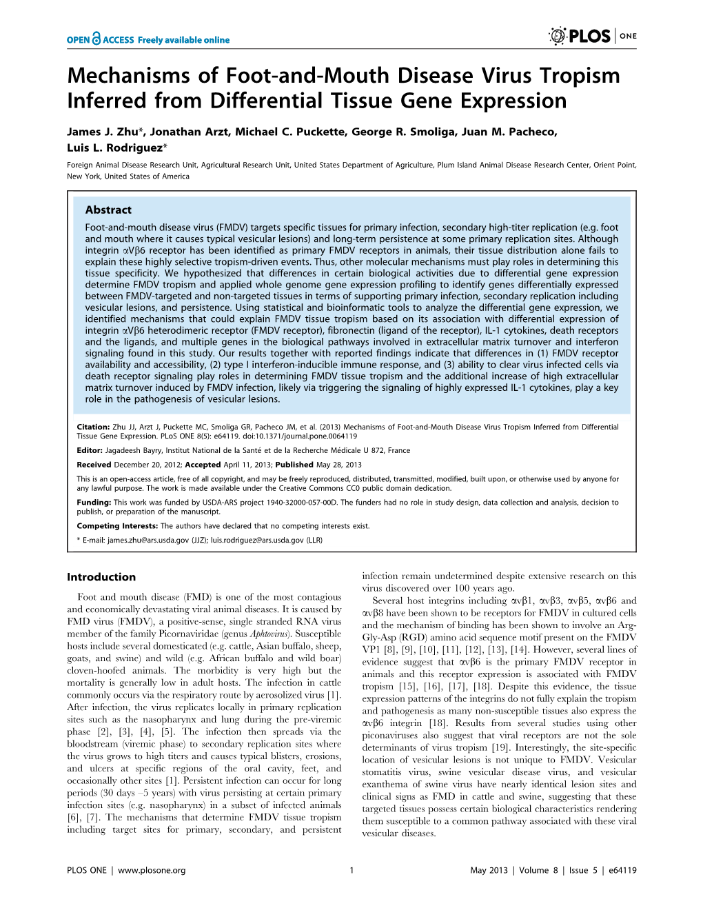 Mechanisms of Foot-And-Mouth Disease Virus Tropism Inferred from Differential Tissue Gene Expression