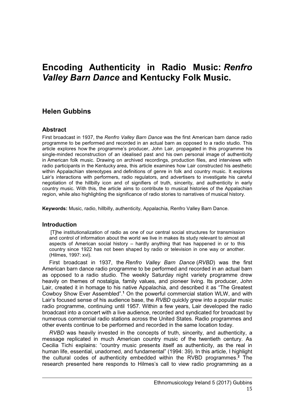 Encoding Authenticity in Radio Music: Renfro Valley Barn Dance and Kentucky Folk Music