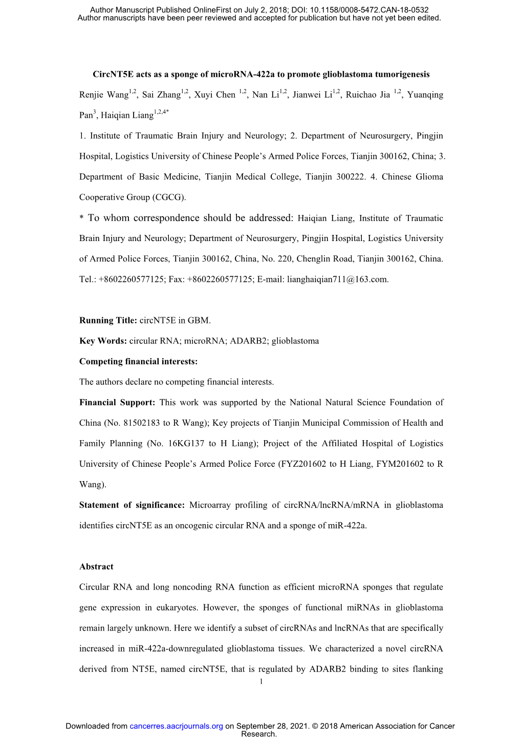 Circnt5e Acts As a Sponge of Microrna-422A to Promote Glioblastoma Tumorigenesis