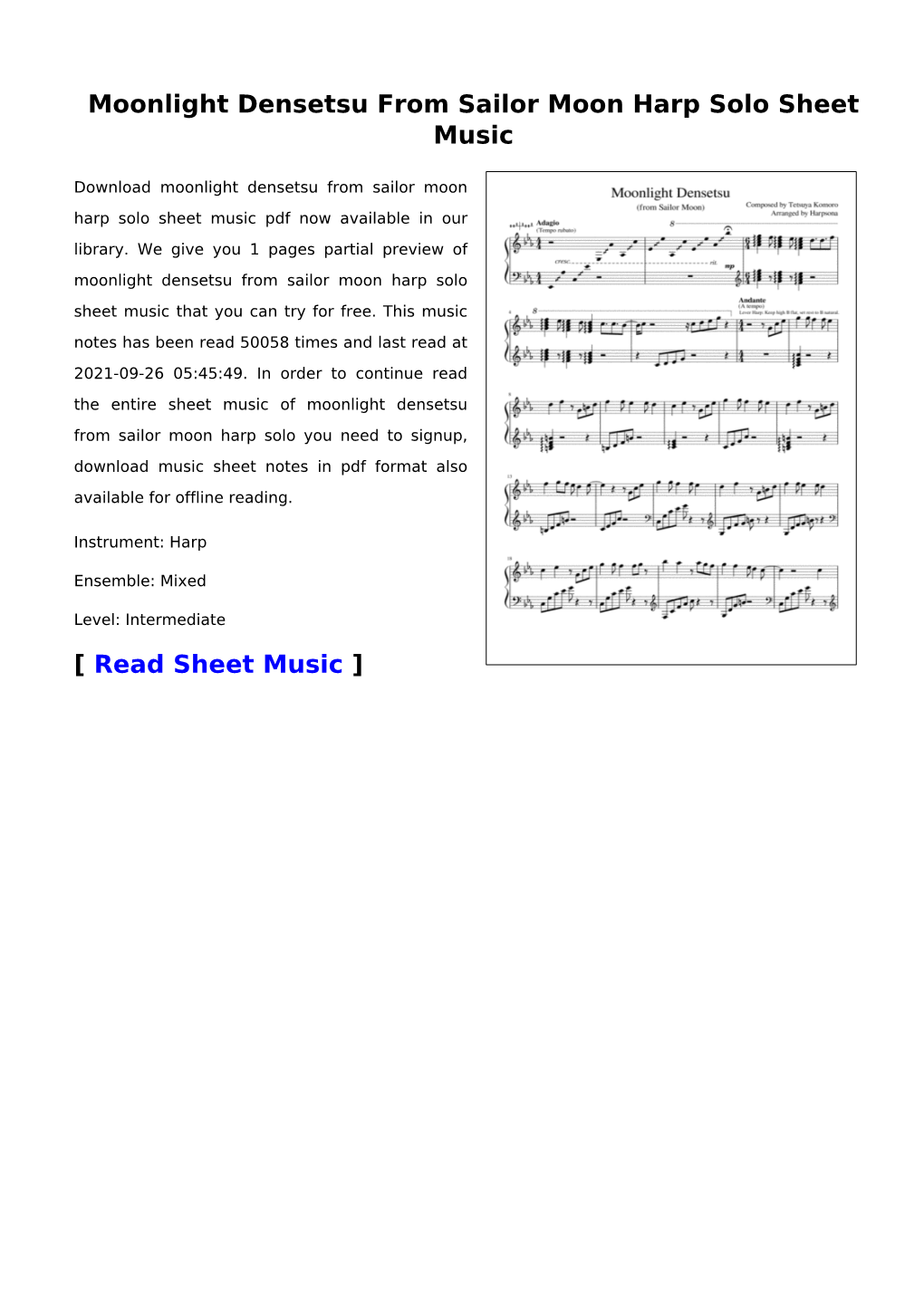 Moonlight Densetsu from Sailor Moon Harp Solo Sheet Music