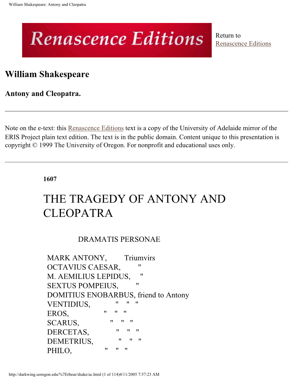 William Shakespeare: Antony and Cleopatra