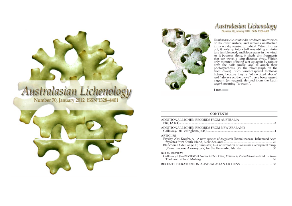 AUSTRALASIAN LICHENOLOGY 70, January 2012 AUSTRALASIAN LICHENOLOGY 70, January 2012 Additional Lichen Records from Australia 74 John A