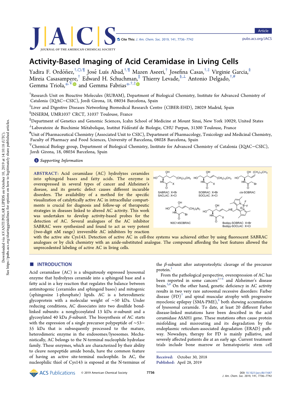 Activity-Based Imaging of Acid Ceramidase in Living Cells † ○ ¶ † ¶ † † ‡ § Yadira F
