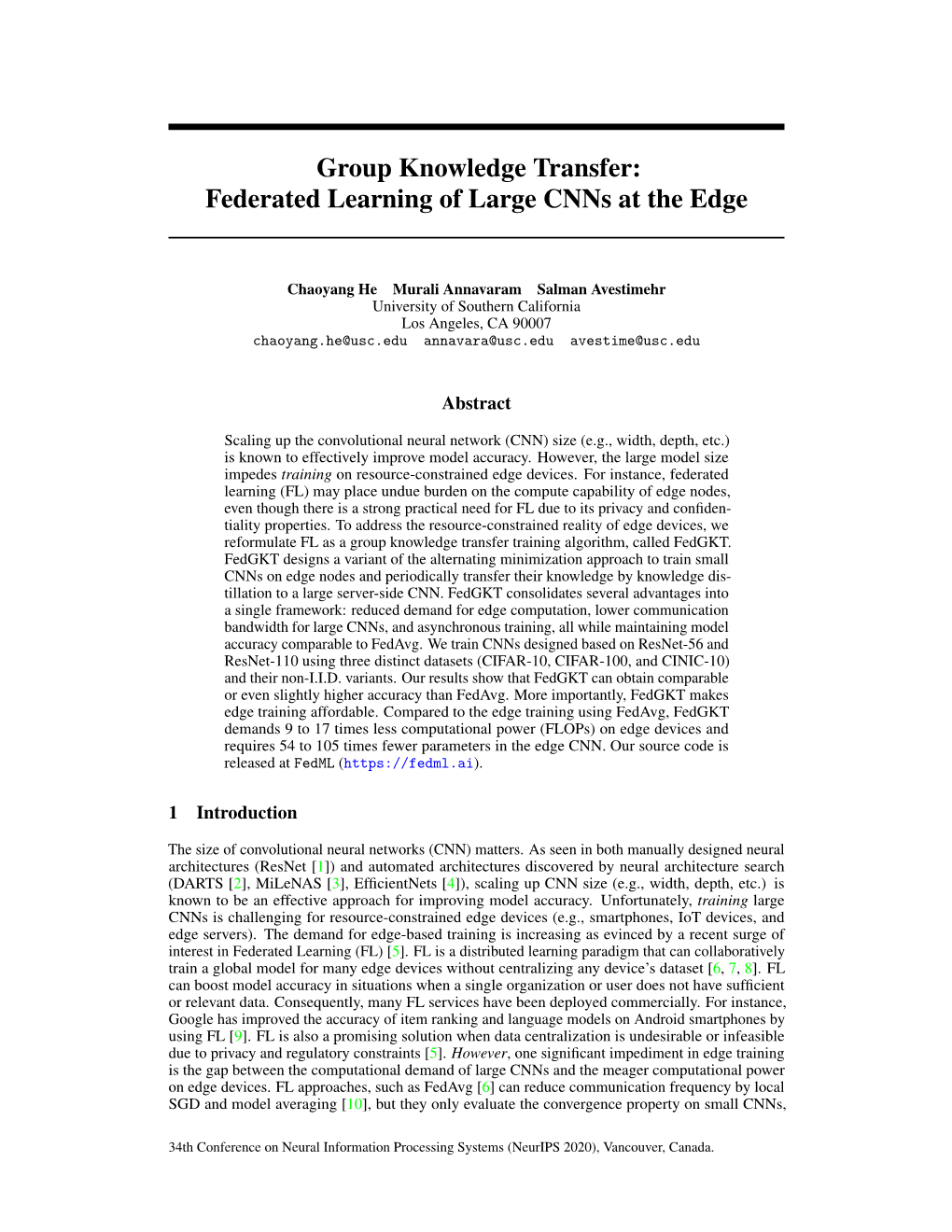 Group Knowledge Transfer: Federated Learning of Large Cnns at the Edge