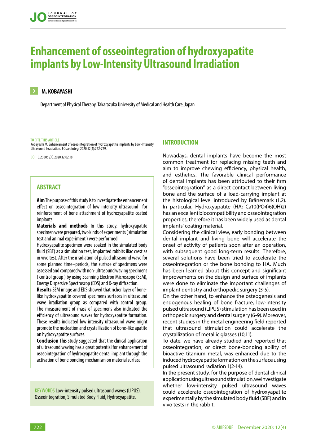 Enhancement of Osseointegration of Hydroxyapatite Implants by Low-Intensity Ultrasound Irradiation