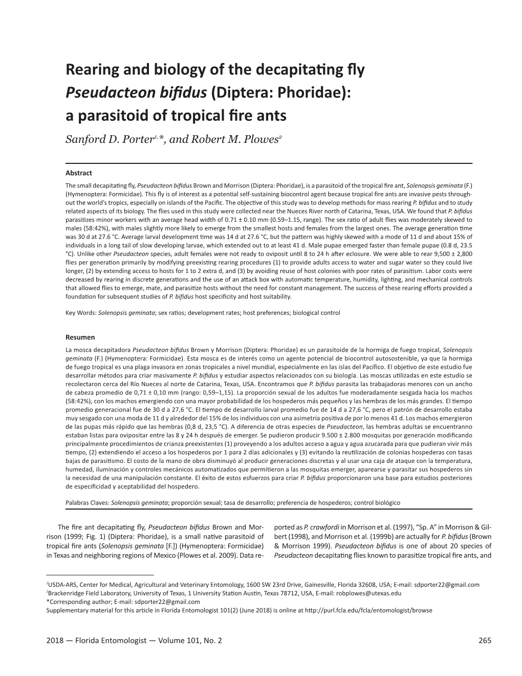 Rearing and Biology of the Decapitating Fly Pseudacteon Bifidus (Diptera: Phoridae): a Parasitoid of Tropical Fire Ants