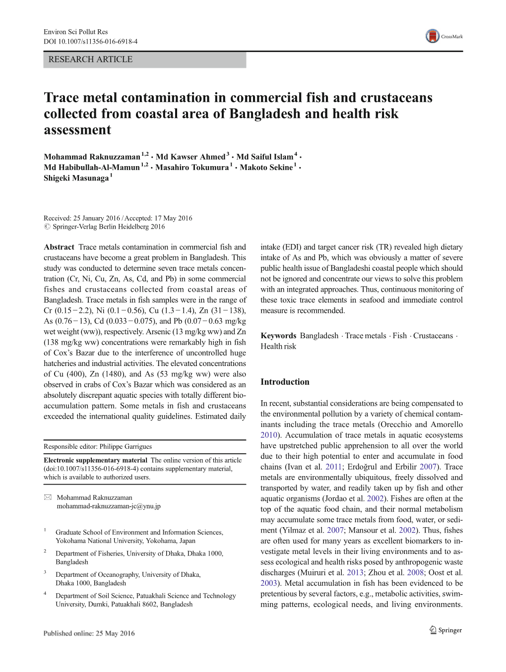 Trace Metal Contamination in Commercial Fish and Crustaceans Collected from Coastal Area of Bangladesh and Health Risk Assessment