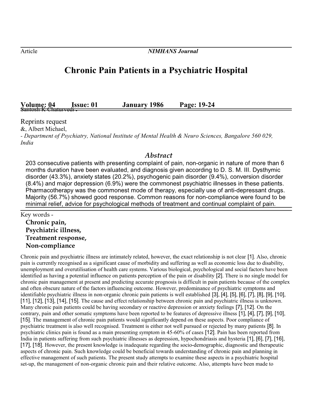Chronic Pain Patients in a Psychiatric Hospital