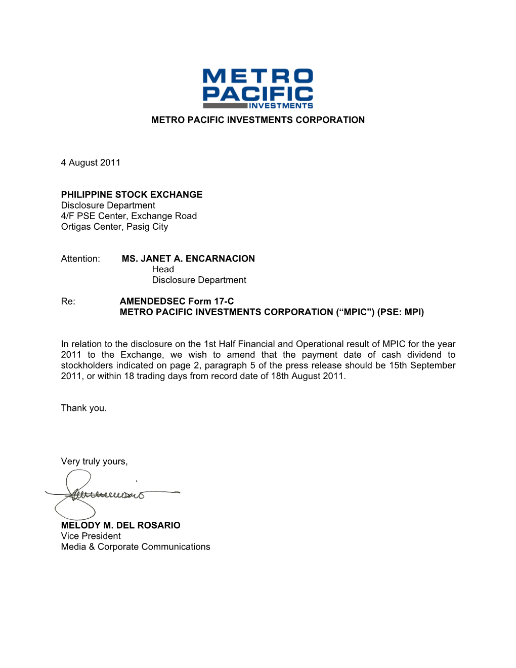 Disclosure Filed by Metro Pacific Investments Corporation ("MPIC")