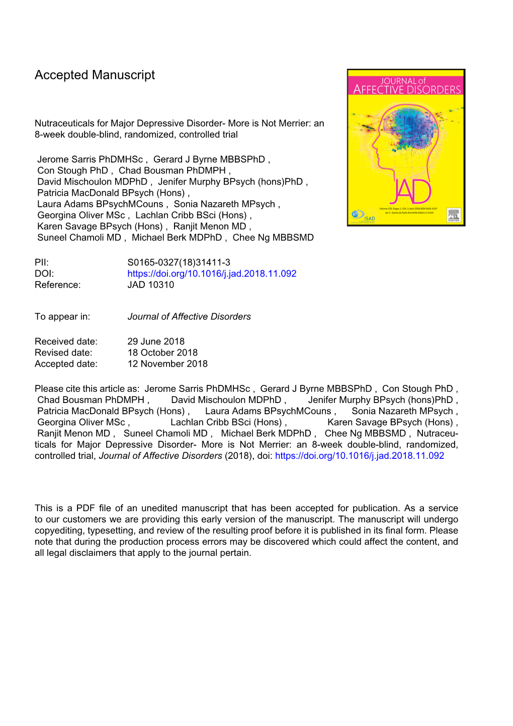 Nutraceuticals for Major Depressive Disorder-More Is Not Merrier: an 8