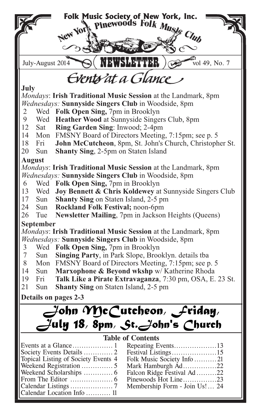 John Mccutcheon, Friday, July 18, 8Pm, St.John's Church Table of Contents Events at a Glance