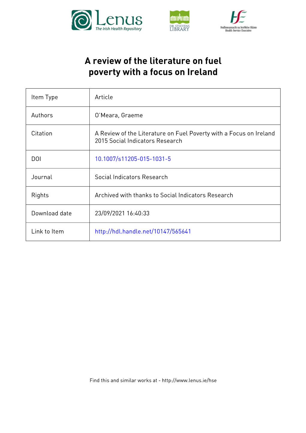 A Review of the Literature on Fuel Poverty with a Focus on Ireland