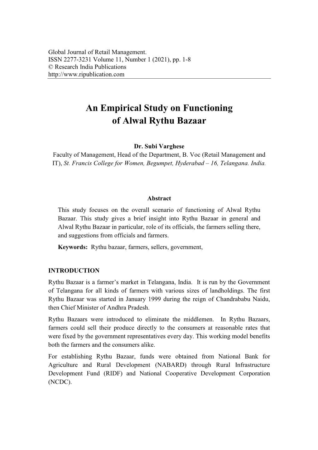 An Empirical Study on Functioning of Alwal Rythu Bazaar