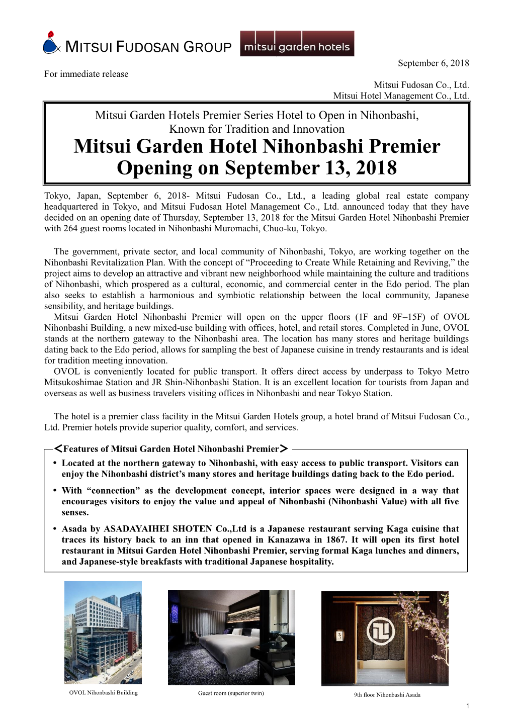 Mitsui Garden Hotel Nihonbashi Premier Opening on September 13, 2018