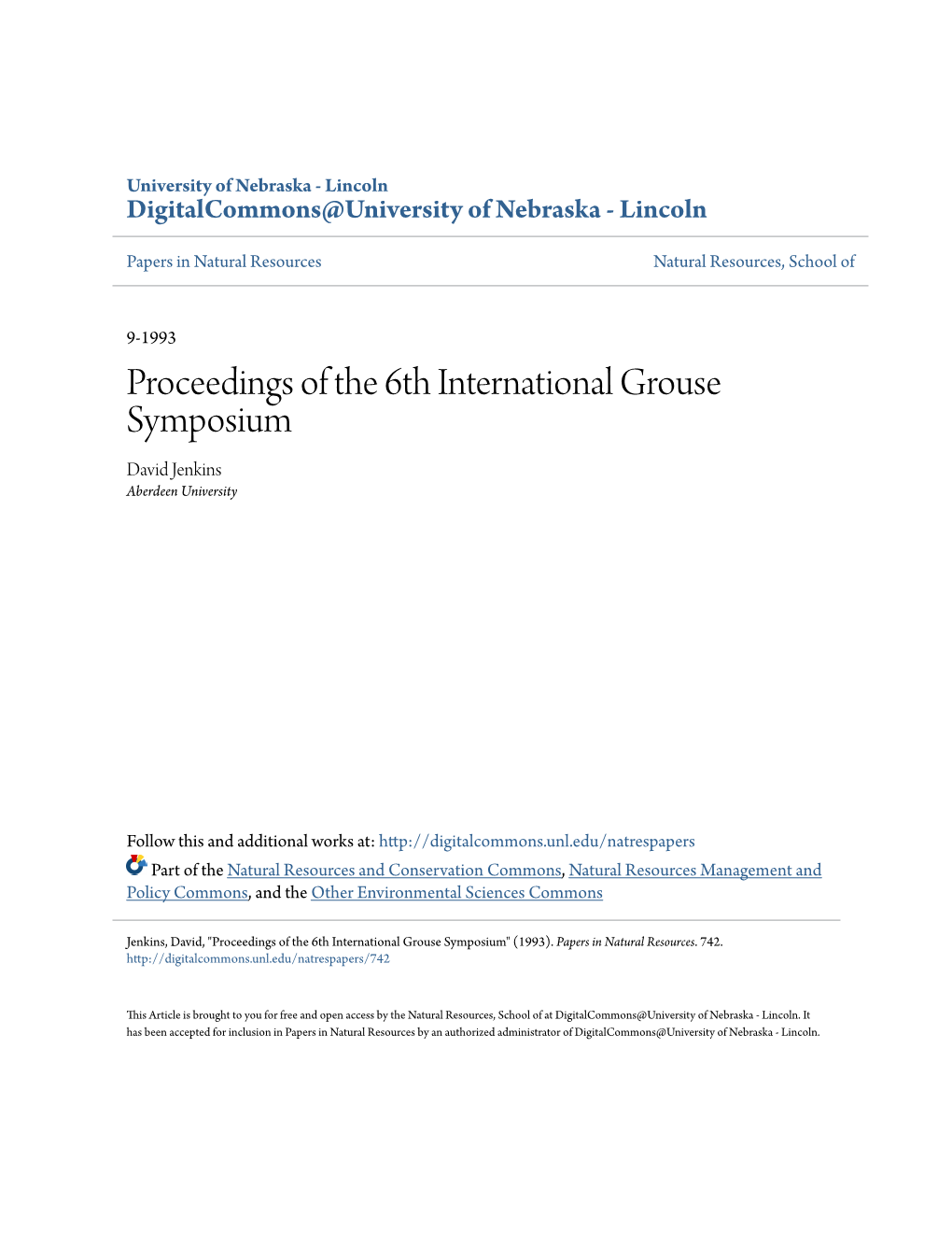 Proceedings of the 6Th International Grouse Symposium David Jenkins Aberdeen University