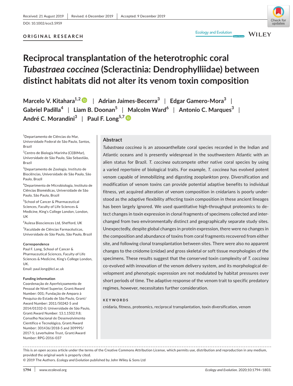 Reciprocal Transplantation of the Heterotrophic Coral Tubastraea