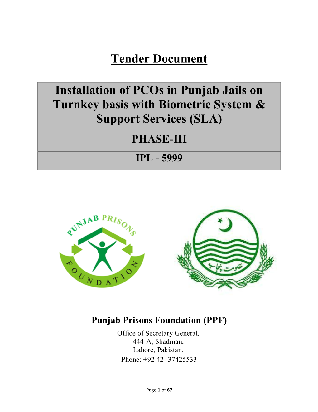 Tender Document Installation of Pcos in Punjab Jails on Turnkey Basis