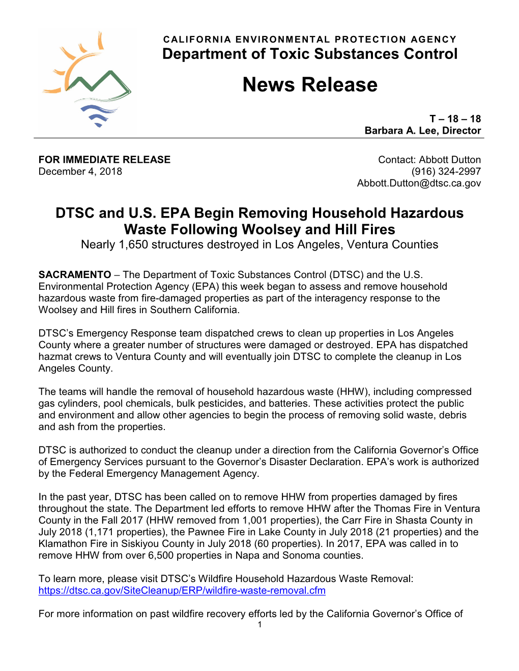 News Release: DTSC and U.S. EPA Begin Removing Household Hazardous Waste Following Woolsey and Hill Fires