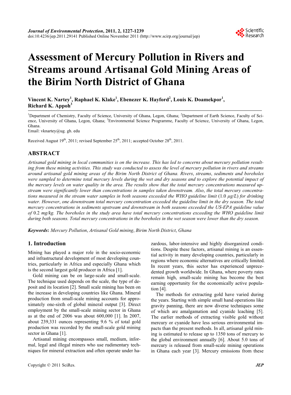 Assessment of Mercury Pollution in Rivers and Streams Around Artisanal Gold Mining Areas of the Birim North District of Ghana