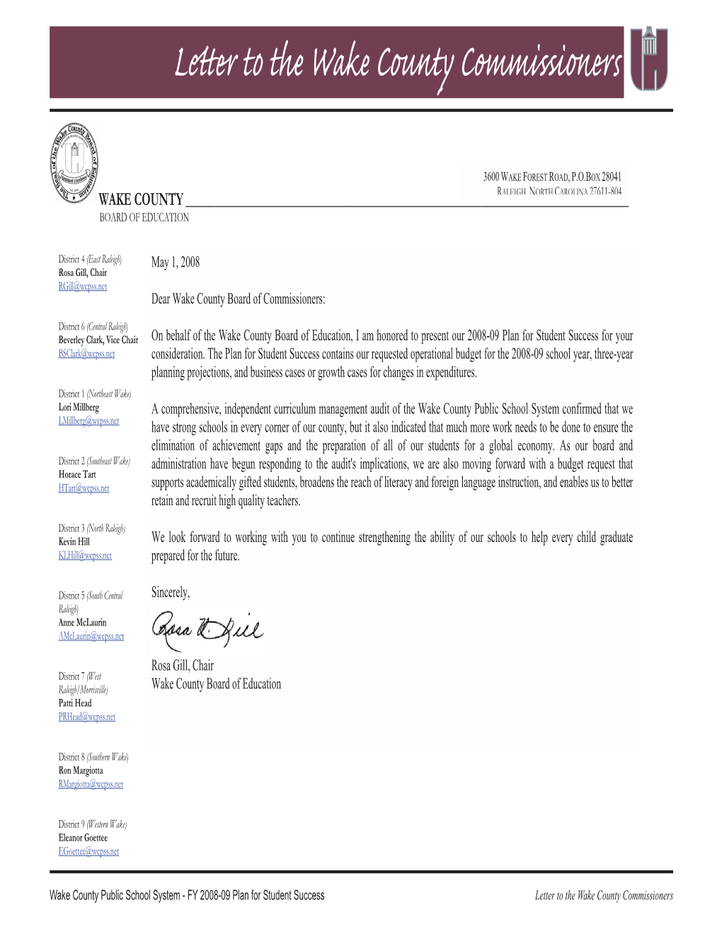 Letter to the Wake County Commissioners Contents 2008-09 Adopted Plan for Student Success