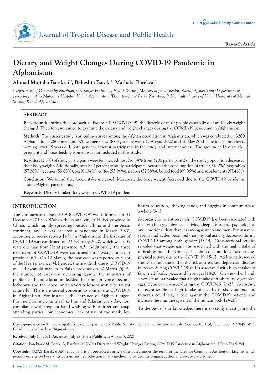 Dietary and Weight Changes During COVID-19 Pandemic in Afghanistan