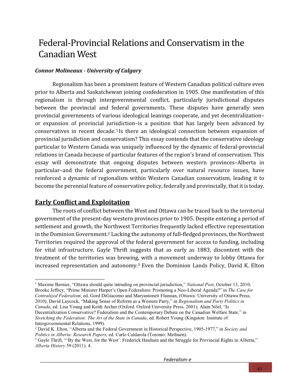 Federal-Provincial Relations and Conservatism in the Canadian West