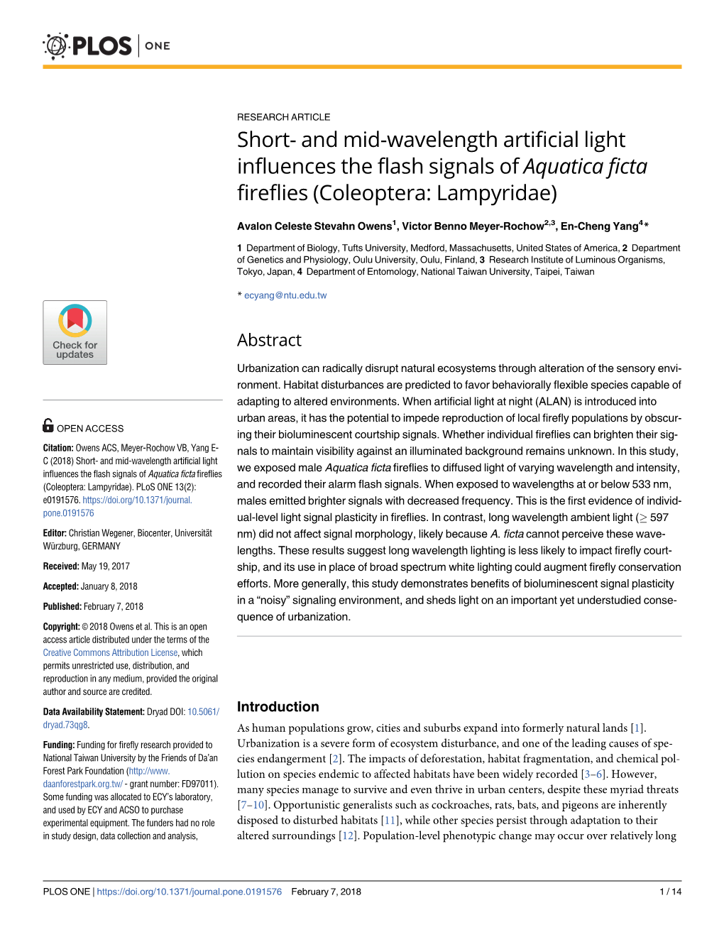 Short- and Mid-Wavelength Artificial Light Influences the Flash Signals of Aquatica Ficta Fireflies (Coleoptera: Lampyridae)