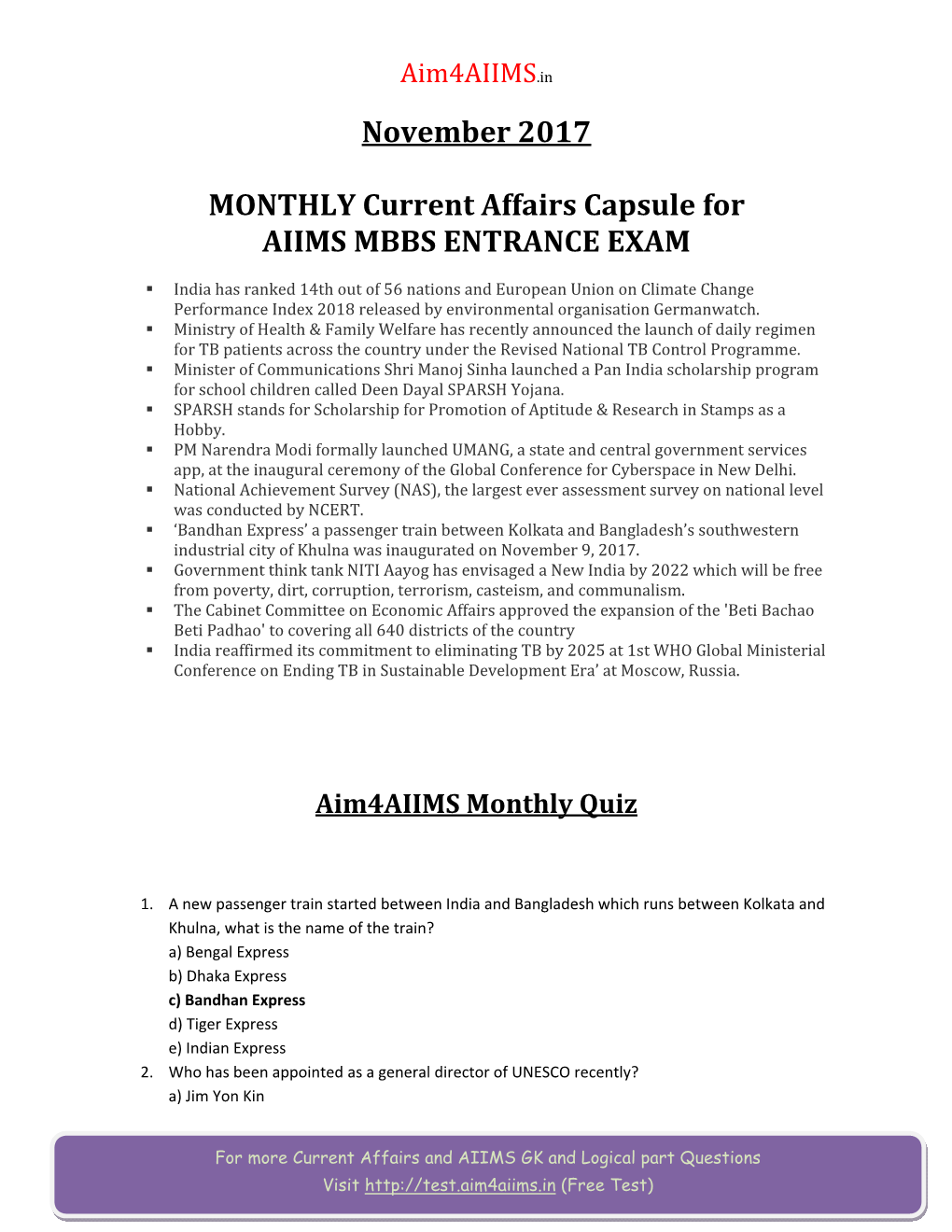 November 2017 MONTHLY Current Affairs Capsule For