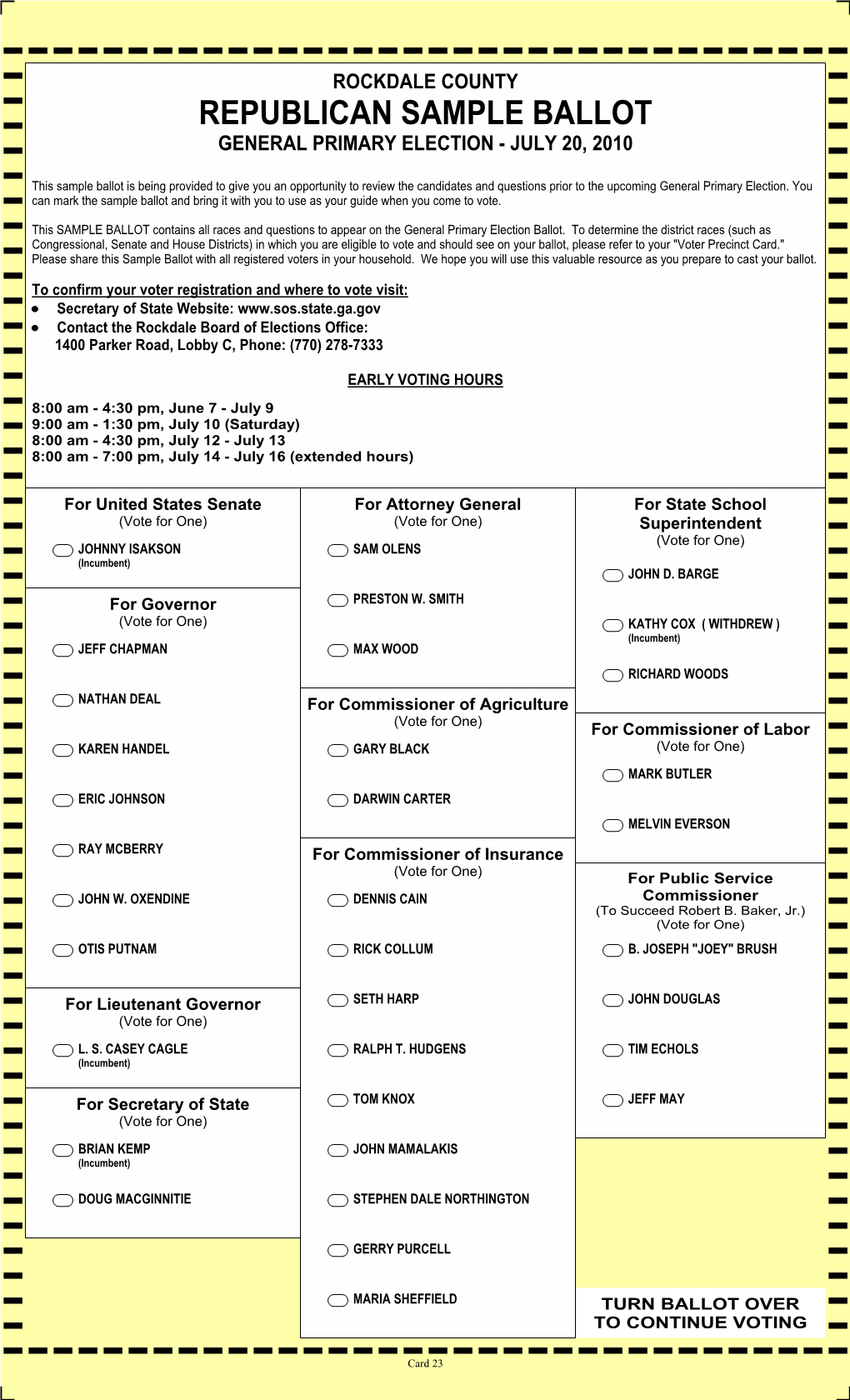 Republican Sample Ballot General Primary Election - July 20, 2010