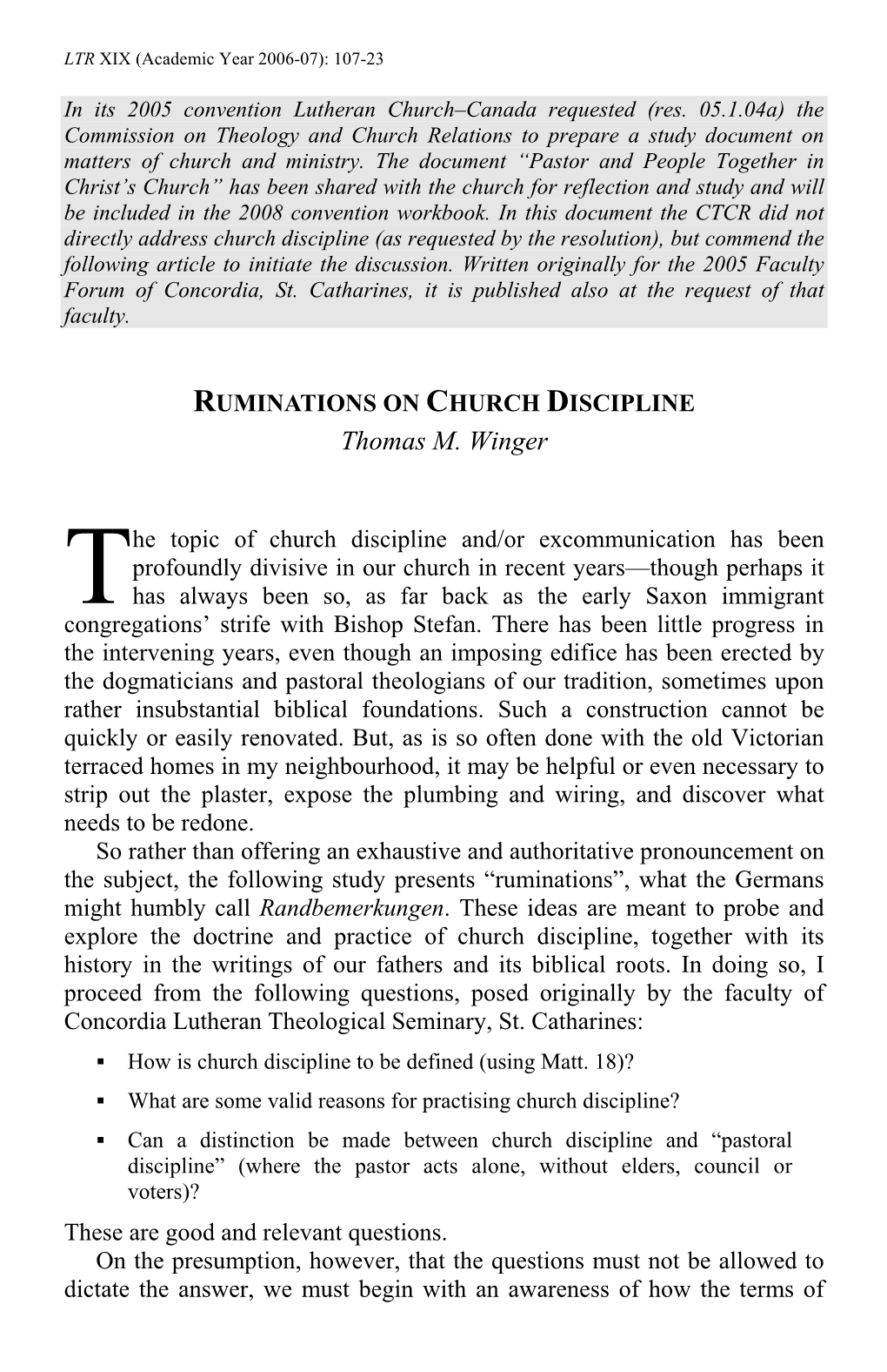 RUMINATIONS on CHURCH DISCIPLINE Thomas M