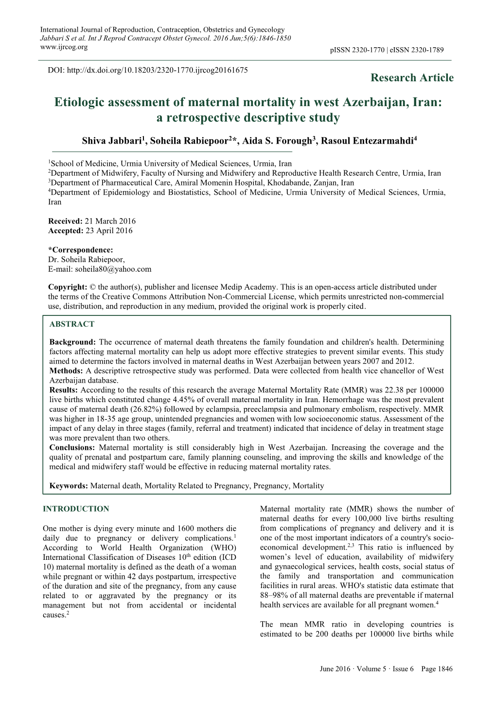 Etiologic Assessment of Maternal Mortality in West Azerbaijan, Iran: a Retrospective Descriptive Study