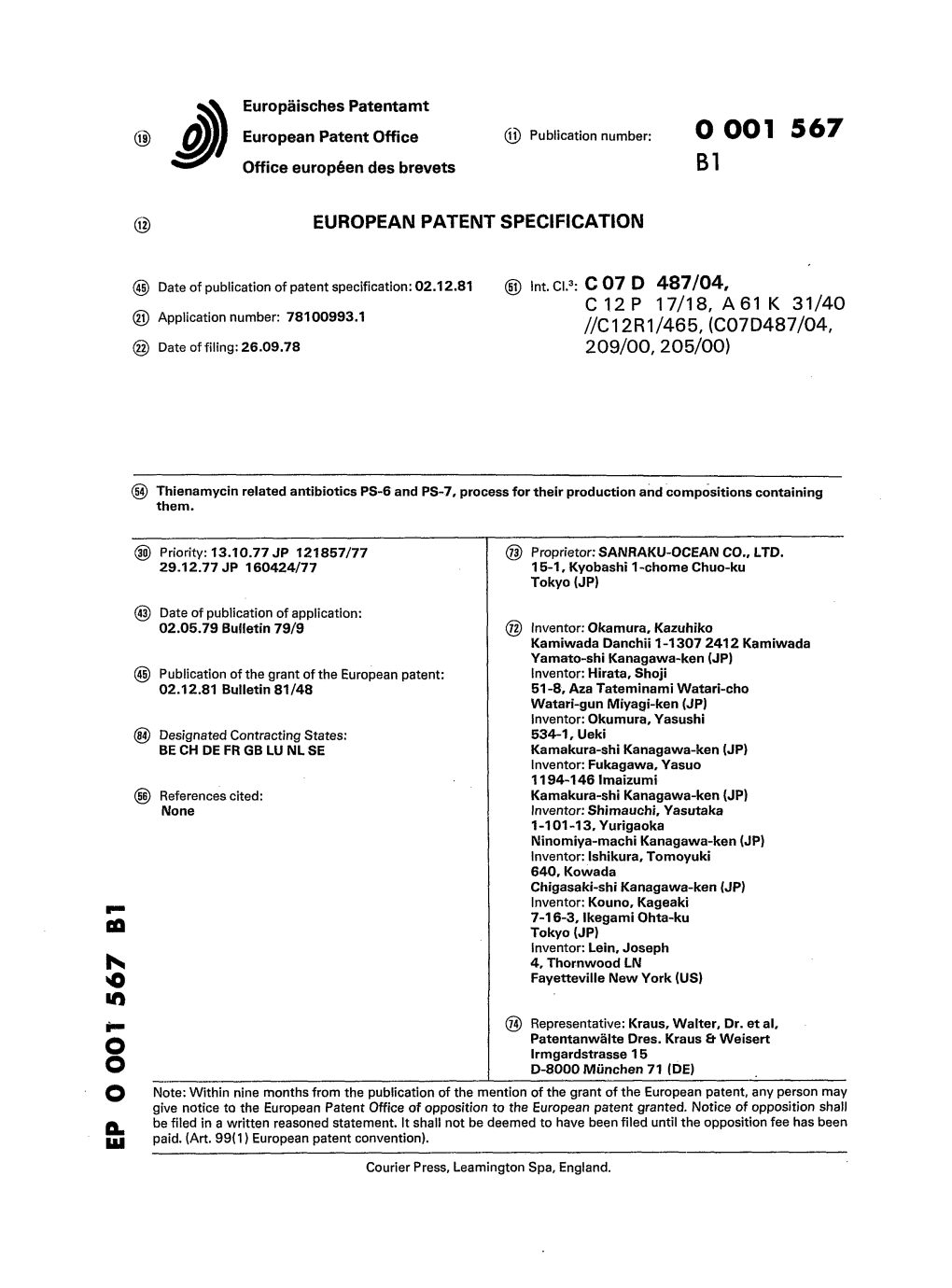 Thienamycin Related Antibiotics PS-6 and PS-7, Process for Their