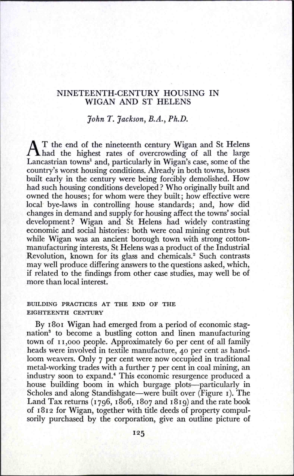 NINETEENTH-CENTURY HOUSING in WIGAN and ST HELENS John T