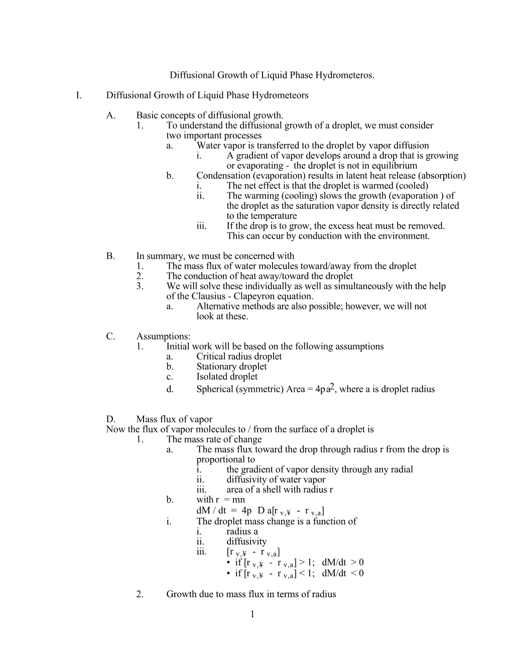 1 Diffusional Growth of Liquid Phase Hydrometeros. I. Diffusional Growth