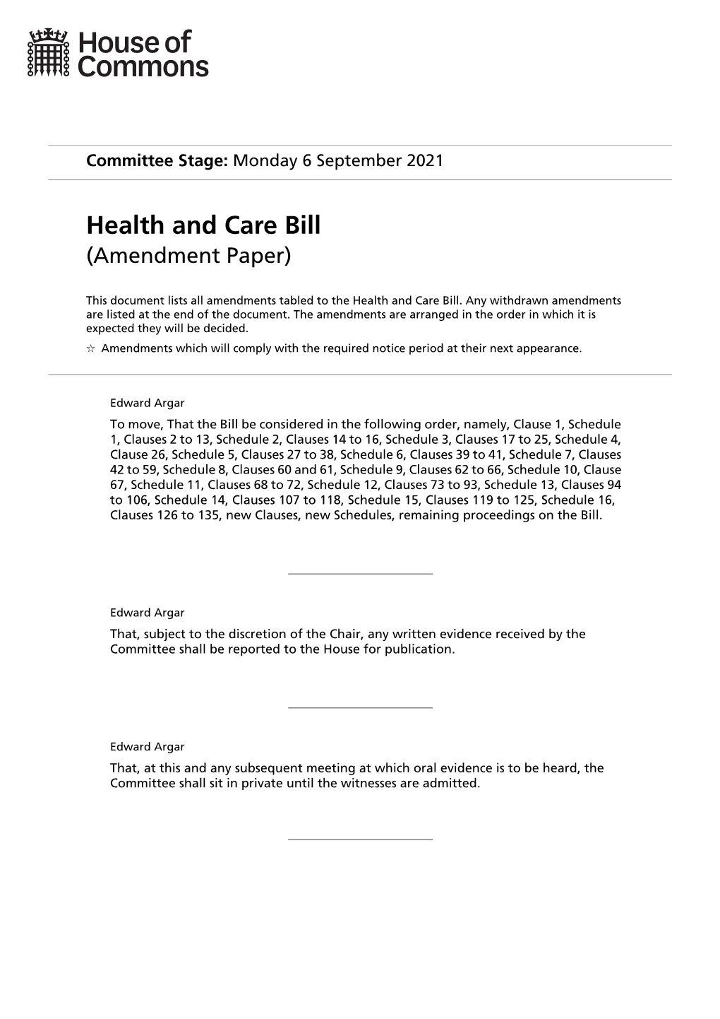 Health and Care Bill (Amendment Paper)